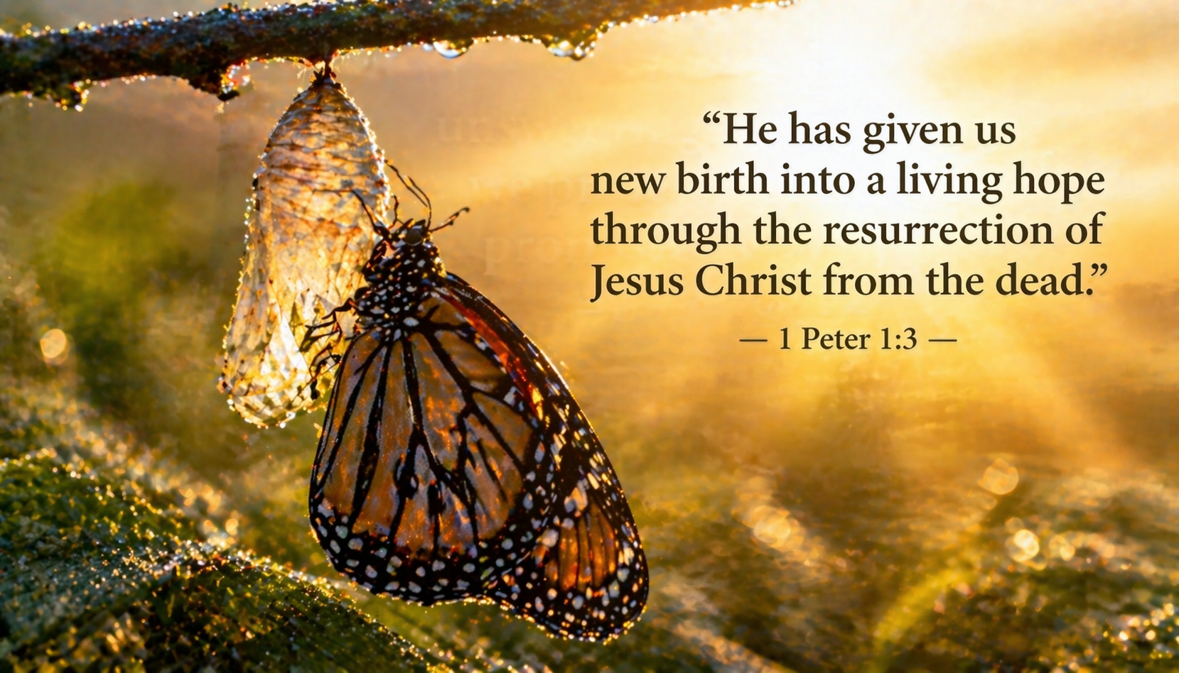 Monarch butterfly emerging from chrysalis on dewy branch at dawn backlit soft golden sunrise light wings unfurling -- 1 Peter 1:3 new birth wallpaper